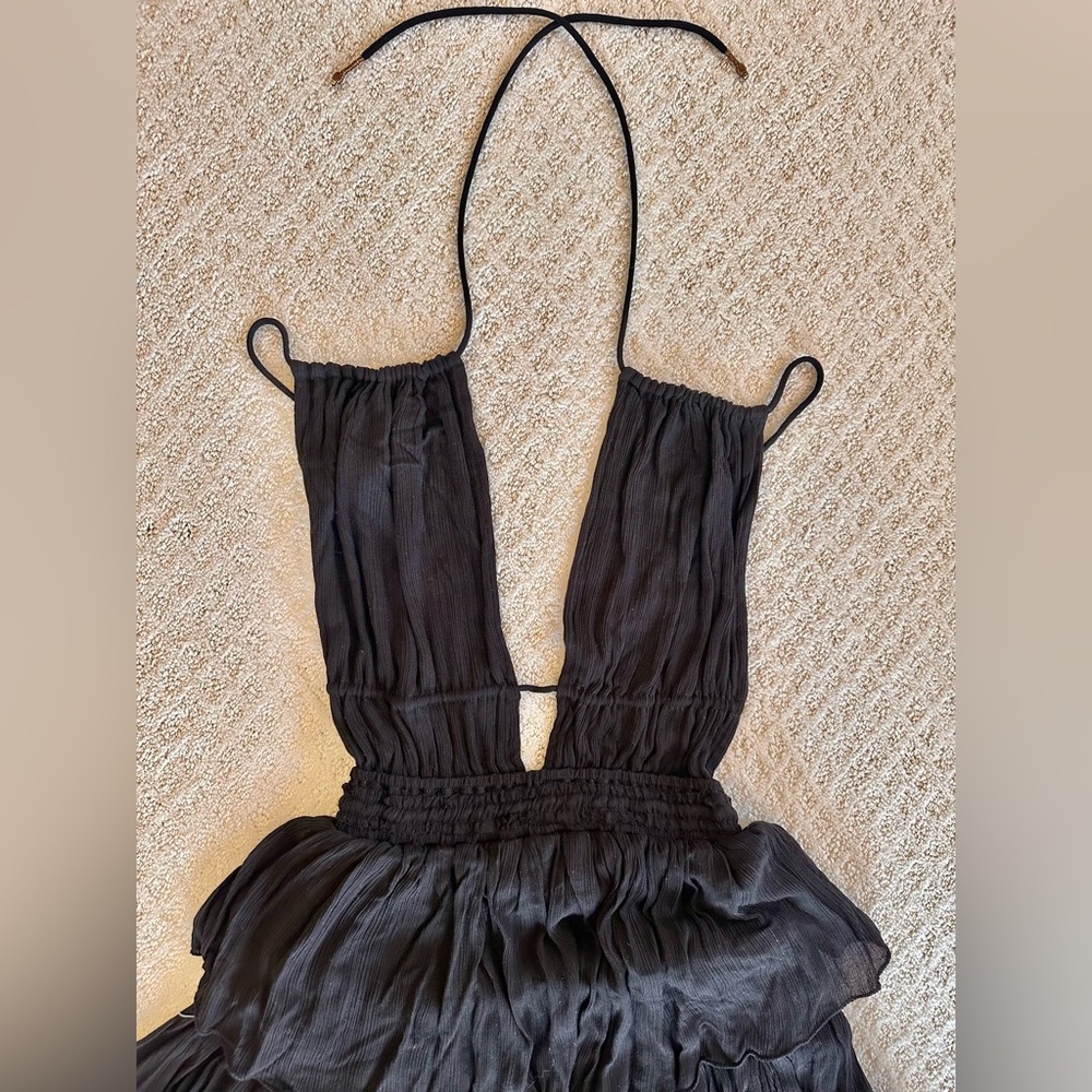 Free People Black Boho Maxi Dress Smocked Waist Short Sleeve Size S - Picture 4 of 8